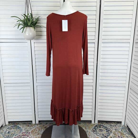 New Stevie Hender Brick Red Tiered Maxi Dress Long Sleeve Stretch Knit Size M - Picture 4 of 8